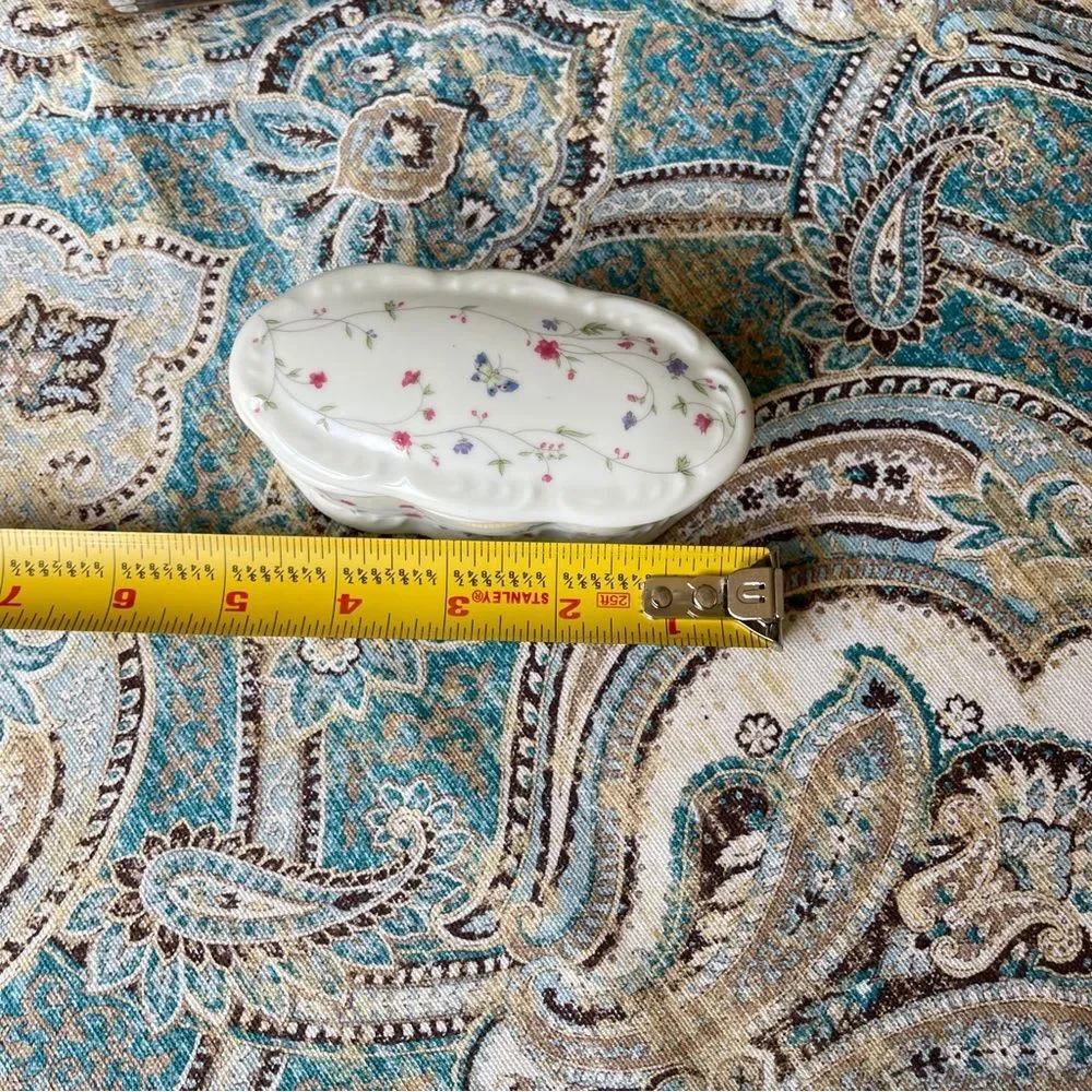 Porcelain Oblong Trinket Box Vintage Floral Butterfly Jewelry Box